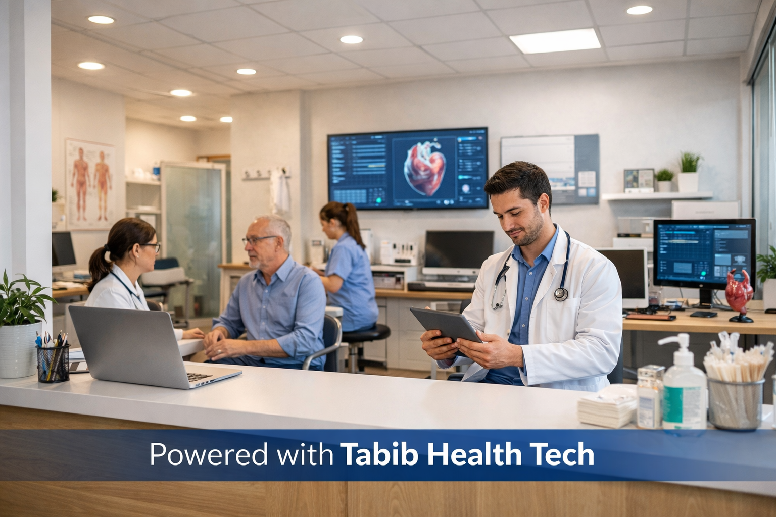 Modern clinical office with doctor using technology and digital displays showing Tabib Health Tech
